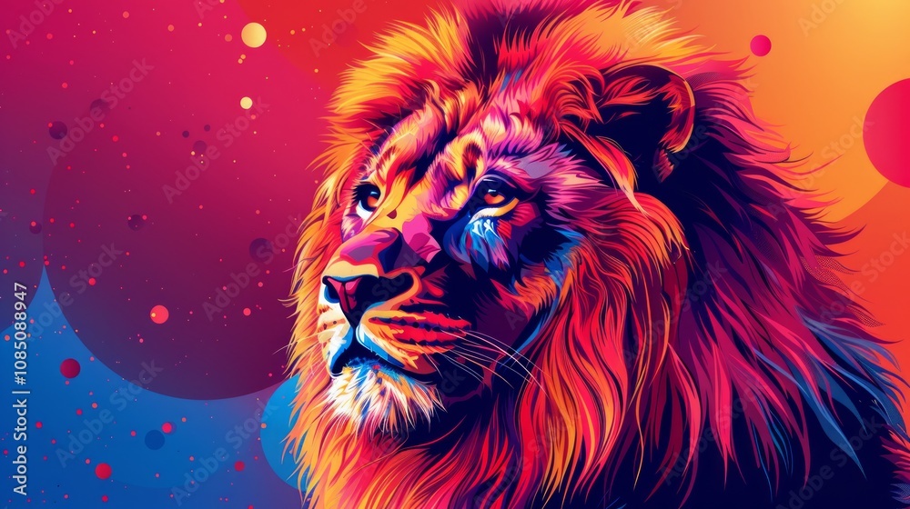 Naklejka premium Vibrant colorful lion portrait, majestic, powerful.