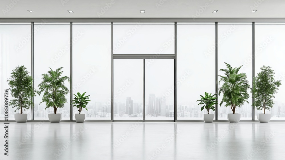 Fototapeta premium Modern office space with large windows and plants.