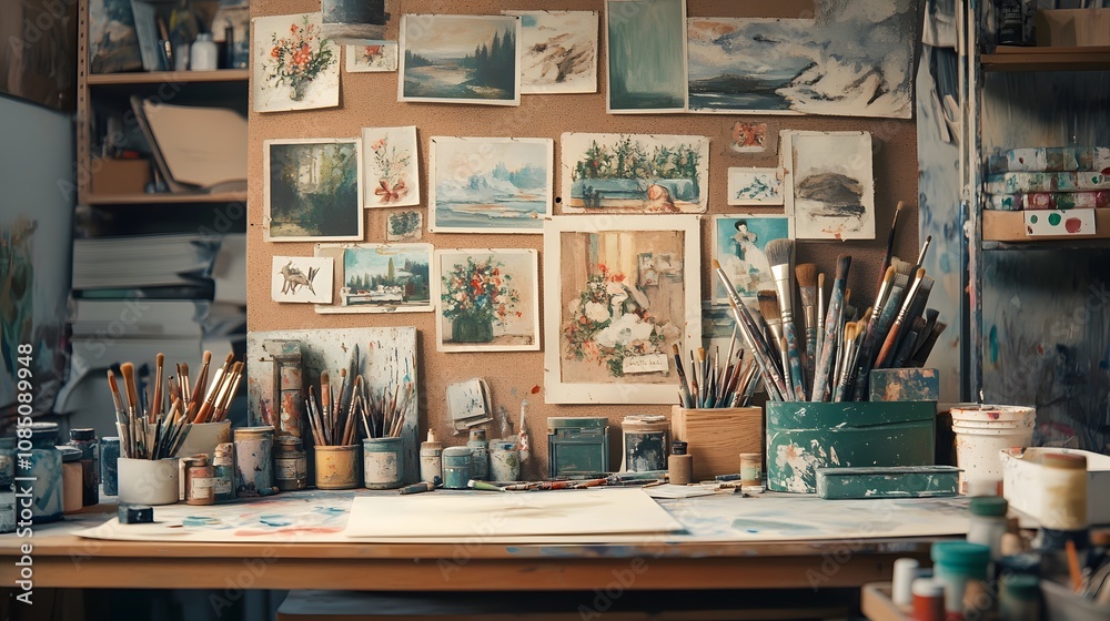 Artistic Studio with Colorful Paints, Brushes, and Various Artwork Displayed on Wall in a Creative Space for Inspiration and Imagination Artistic Studio with Colorful Paints, Brushes, and Various Artwork Displayed on Wall in a Creative Space for Inspiration and Imagination