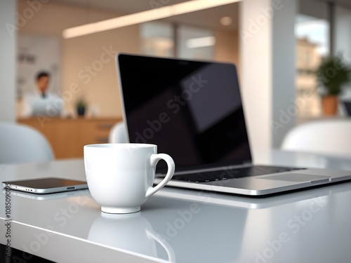 White coffee cup with laptop computer on office table for business concept, in clean office.