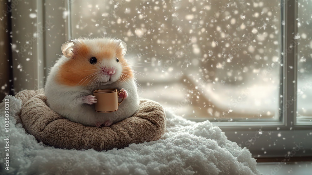 Fototapeta premium A cute hamster holding a mug of hot drink on a snowy windowsill, ideal for winter-themed advertising.