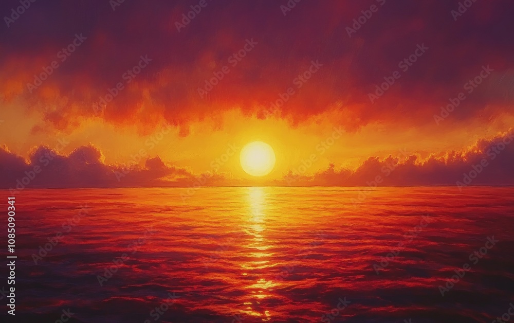 Golden Sunset Over Ocean: A breathtaking view of the sun setting over the ocean, with vibrant orange, red, and purple hues reflecting off the calm water -- Golden Sunset Over Ocean: A breathtaking view of the sun setting over the ocean, with vibrant orange, red, and purple hues reflecting off the calm water --