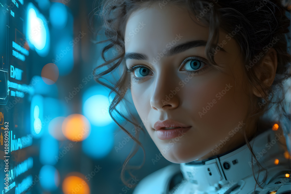 A woman with blue eyes and curly hair is staring at the camera A woman with blue eyes and curly hair is staring at the camera