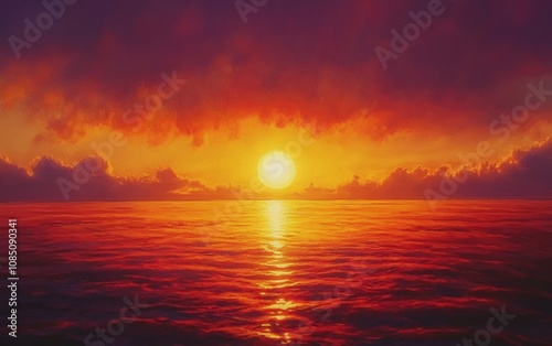 Golden Sunset Over Ocean: A breathtaking view of the sun setting over the ocean, with vibrant orange, red, and purple hues reflecting off the calm water --