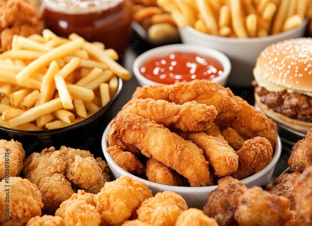 Close-up shot of various fried foods including chicken tenders, french fries, onion rings and popcorn chicken.  Appetizing fast food platter.