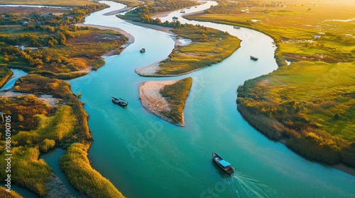 Aerial View of a Winding River with Boats and Lush Green Vegetation