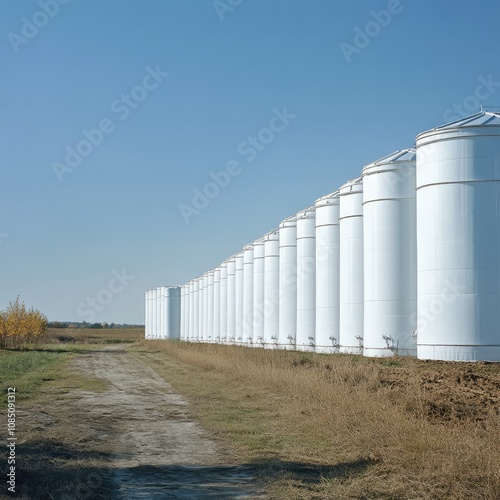 Row of Silos Stands Tall Against a Clear Blue Sky on a Rural Landscape, Representing Agriculture and Storage Solutions for Crops and Grains