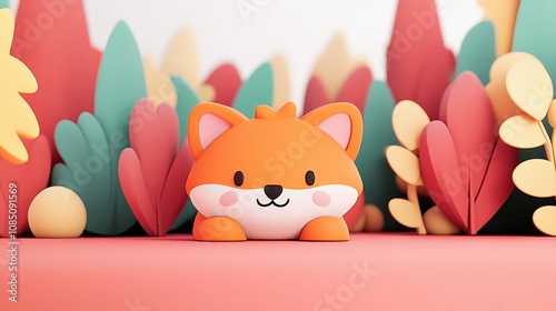 Obraz na płótnie Charming cartoon-style fox figurine stands against backdrop of colorful abstract foliage. its bright orange and white colors evoke whimsical, child-friendly atmosphere perfect for playful themes. w salonie