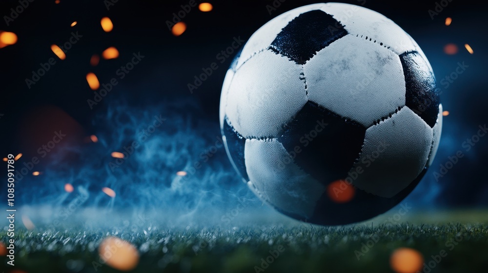 Fototapeta premium Close-up of classic black-and-white soccer ball in motion, surrounded by smoke and sparks, set against vibrant green field, embodies the excitement of the game.