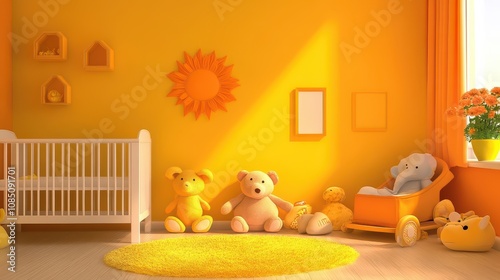 Cozy and Cheerful Yellow Nursery Interior with Soft Toys, Crib, and Sun-themed Decor, Perfect for a Baby's Room, Evoking Warmth and Happiness
