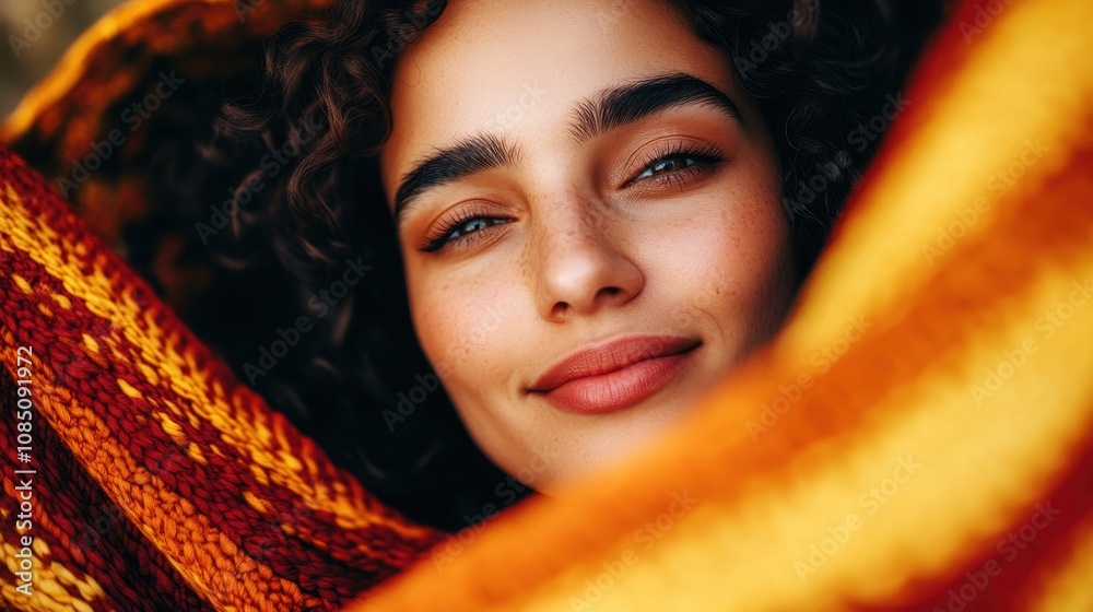 Close-up of young woman with curly hair smiling warmly, wrapped in vibrant red and orange blanket. soft focus highlights her bright eyes and cozy, inviting atmosphere.