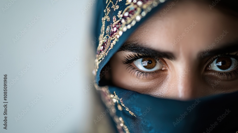 Close-up portrait of woman with brown eyes, partially veiled by an embroidered scarf. patterns enhance her elegance, conveying mystery and cultural richness. Close-up portrait of woman with brown eyes, partially veiled by an embroidered scarf. patterns enhance her elegance, conveying mystery and cultural richness.