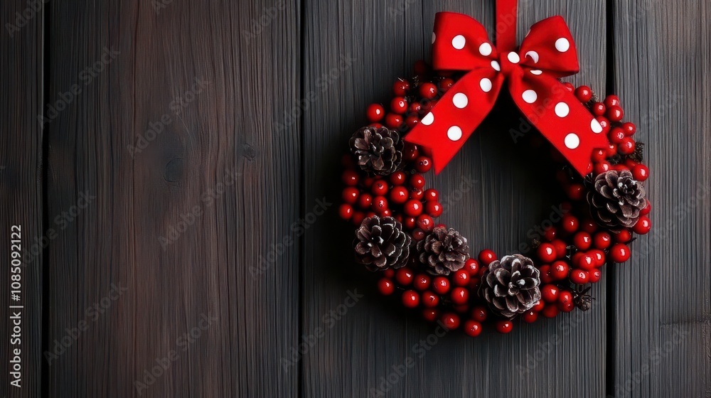 Festive christmas wreath bright red polkdot bow, natural pine cones, and red berries, creating warm holiday atmosphere for seasonal decor and celebrations. Festive christmas wreath bright red polkdot bow, natural pine cones, and red berries, creating warm holiday atmosphere for seasonal decor and celebrations.