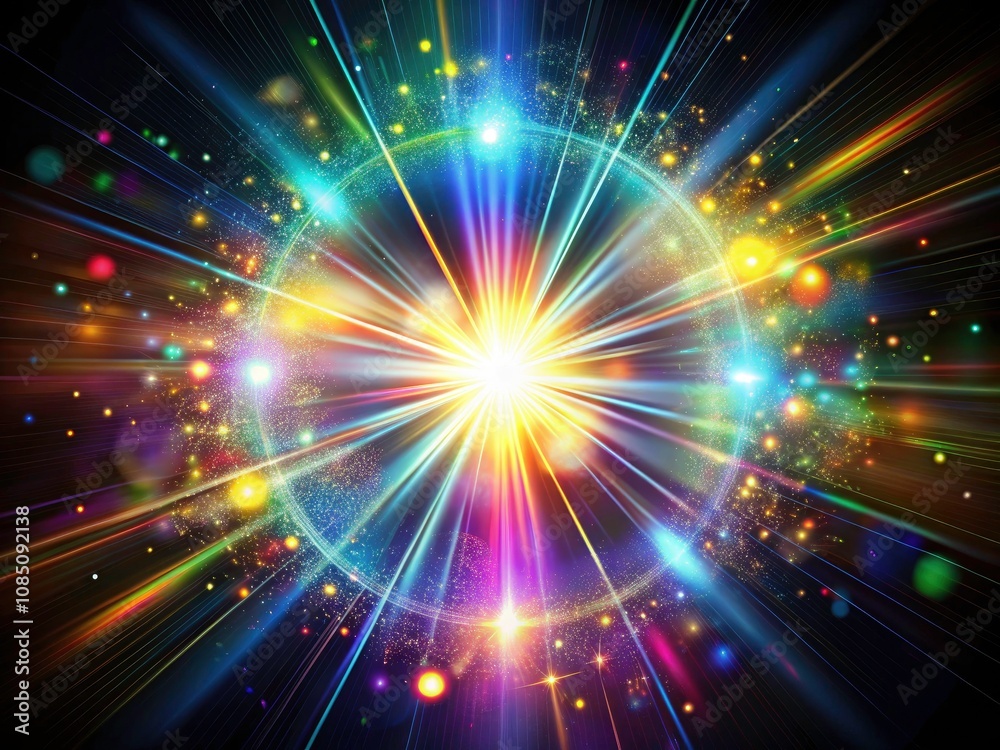 Naklejka premium Abstract Sun Burst with Digital Lens Flare Effects on Black Background for Creative Overlay Designs