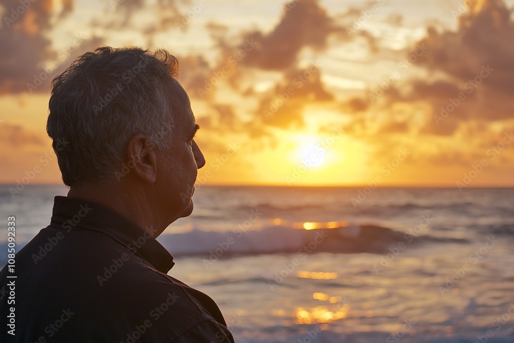 Contemplating Life: A Man Gazing at a Beautiful Sunset by the Ocean Contemplating Life: A Man Gazing at a Beautiful Sunset by the Ocean