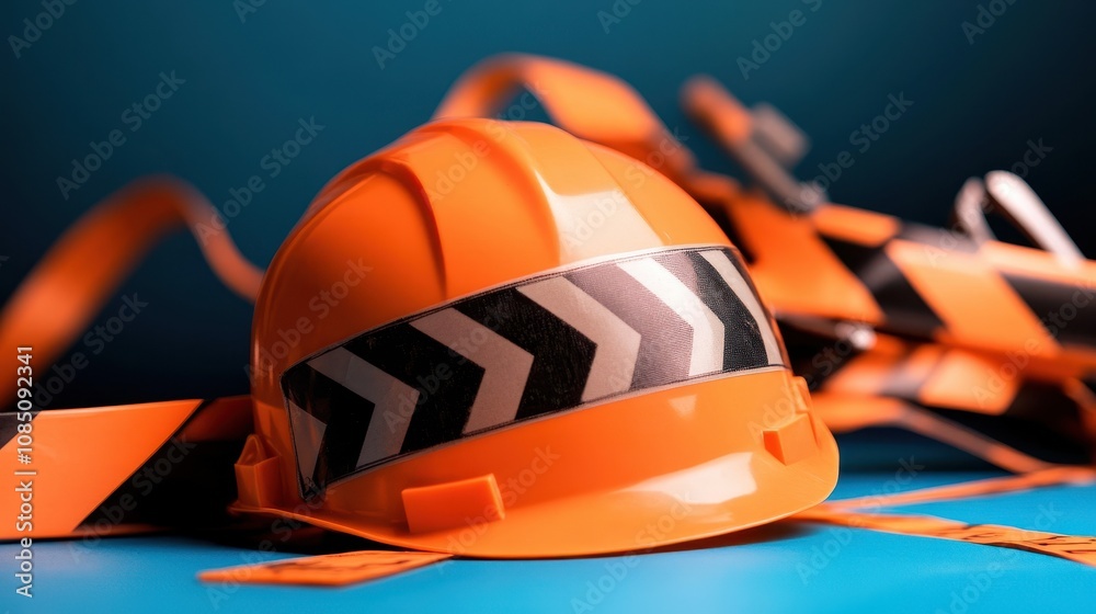 Vibrant close-up of an orange safety helmet against blue background, highlighted by reflective stripes and construction tape, emphasizes safety and professionalism in construction. Vibrant close-up of an orange safety helmet against blue background, highlighted by reflective stripes and construction tape, emphasizes safety and professionalism in construction.