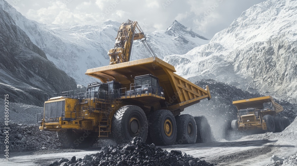 Yellow Mining Trucks in a Snowy Mountain Landscape Yellow Mining Trucks in a Snowy Mountain Landscape