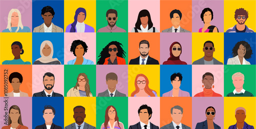 Set of diverse people faceless portraits, multiracial men and women, business person avatars. Black, african, european, muslim people. Vector flat illustrations isolated on colorful background.