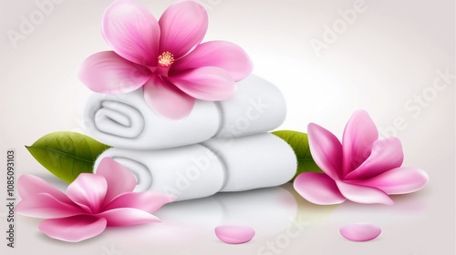Relaxing spa setting with towels and flowers.