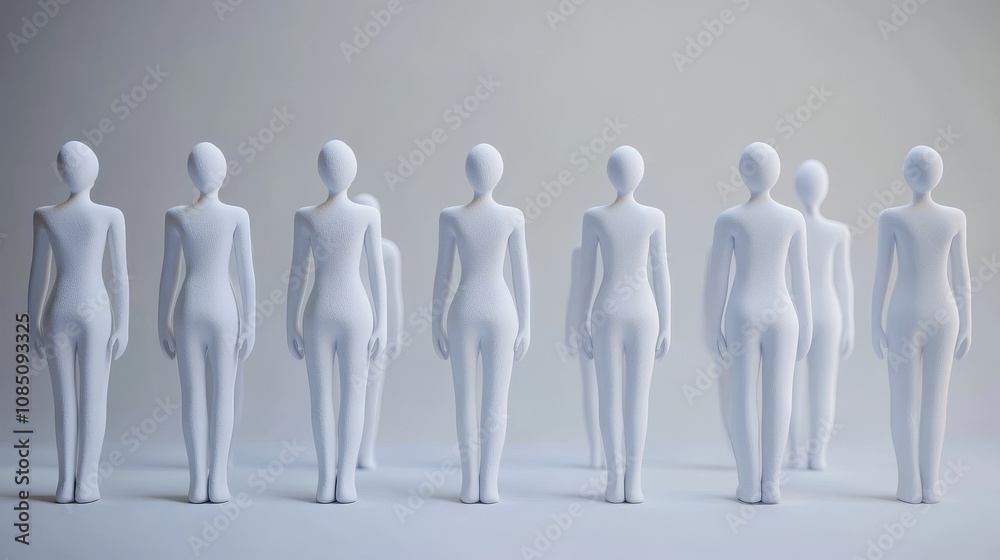 Row of white mannequins standing in a line. Row of white mannequins standing in a line.