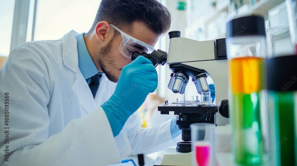 Scientist examines samples under microscope.