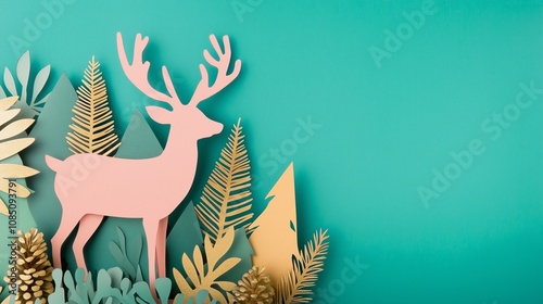 paper cut style Christmas themed pattern border with copy space, deer, emerald green, gold, flat lay photo