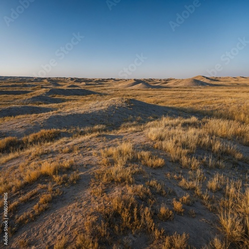 A vast steppe dotted with ancient burial mounds under a clear blue sky.

