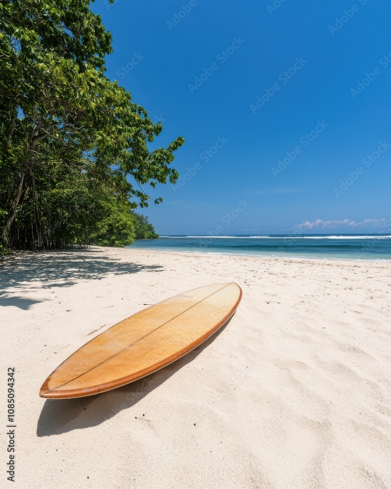 A tranquil beach scene featuring a wooden surfboard resting on soft, white sand beneath lush greenery and clear blue skies.