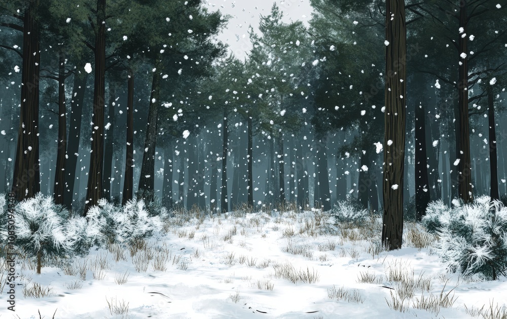 Naklejka premium Snowfall in the Forest: A serene winter scene of large snowflakes falling gently in a dense pine forest, with the ground covered in a pristine white blanket of snow 