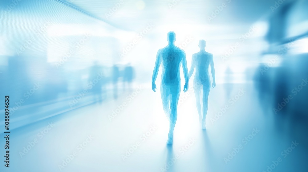 Silhouetted figures walking in a foggy space. Silhouetted figures walking in a foggy space.