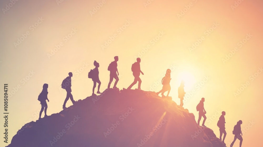 Fototapeta premium Silhouetted hikers climbing a mountain at sunset.