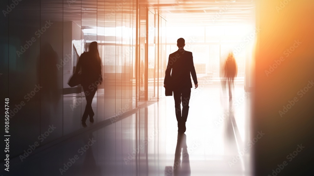 Fototapeta premium Silhouetted professionals in a modern office setting.