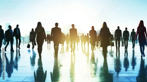 Silhouetted professionals walking at sunrise.