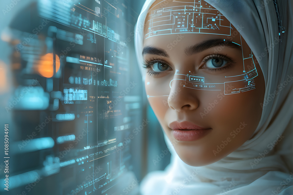 A woman with a computer screen in front of her face A woman with a computer screen in front of her face