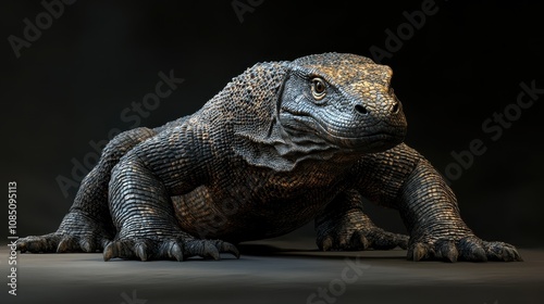 Majestic Komodo Dragon in a Dramatic Pose on a Dark Background Showcasing Its Textured Scales and Powerful Stance