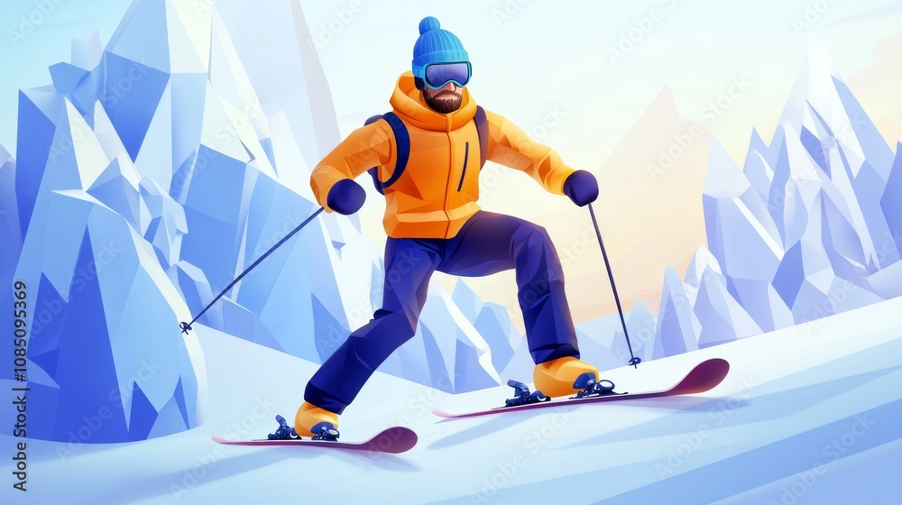 Fototapeta premium Skier navigating snowy slopes in vibrant scenery.