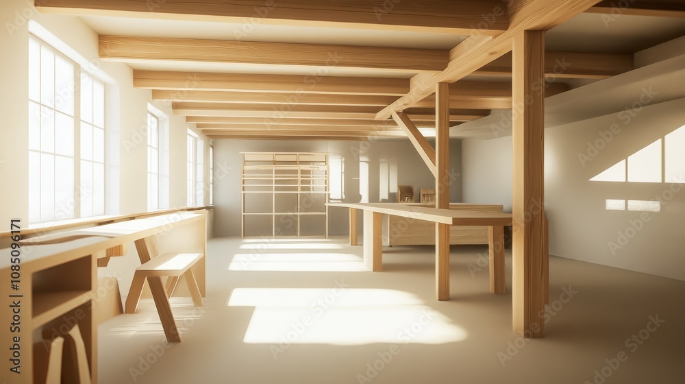 Spacious wooden workshop filled with sunlight. Spacious wooden workshop filled with sunlight.