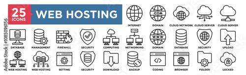Web Hosting icon collection set. Containing design,, Internet, Domain, Cloud Network, Cloud Server
