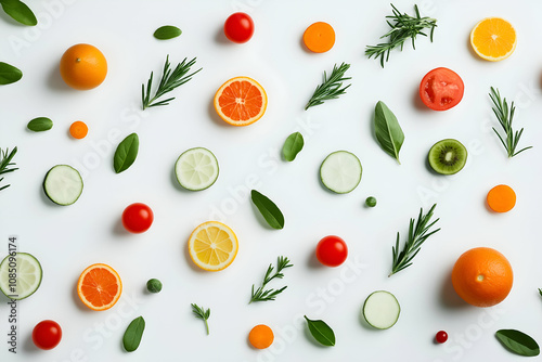 A vibrant flat lay of assorted fruits and herbs, featuring oranges, limes, tomatoes, and fresh greenery against a clean white background.