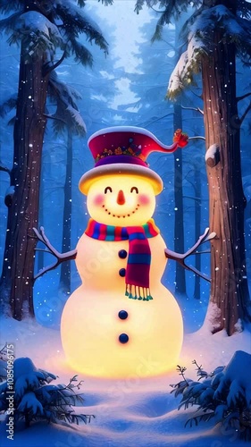 Festive Winter Snowman Illustration - Cheerful Snowman with Scarf and Top Hat in a Magical Snowy Forest Setting at Twilight