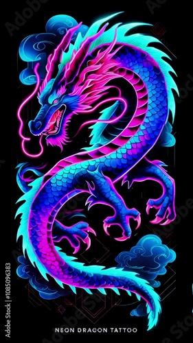 Vibrant Neon Dragon Artwork - Striking Futuristic Concept of a Chinese Dragon in Radiant Neon Blue and Pink Hues on a Black Background