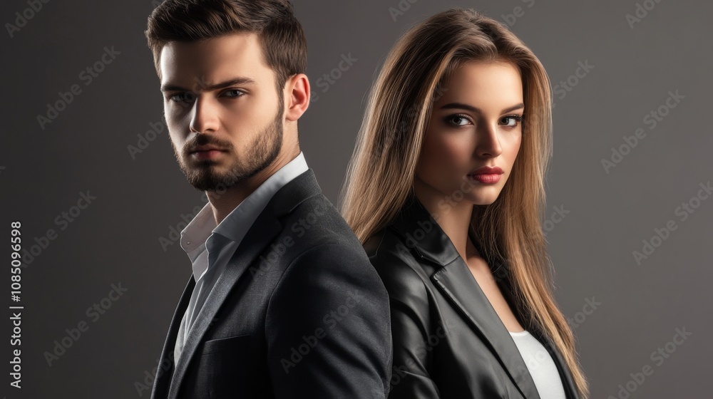 Stylish couple in professional attire posing together. Stylish couple in professional attire posing together.
