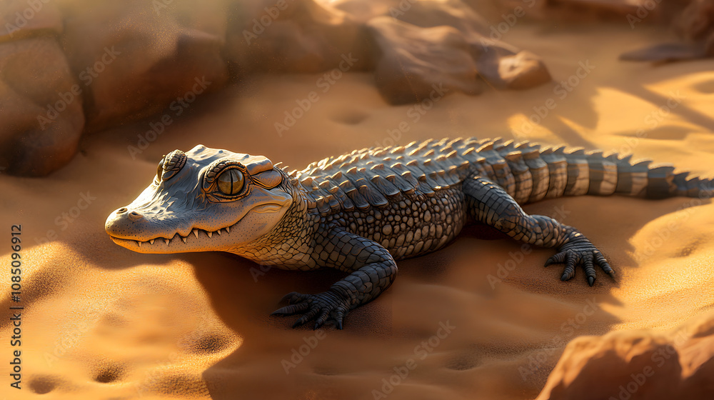 Fototapeta premium A baby crocodile basking in the sun, learning to regulate its body temperature for survival.