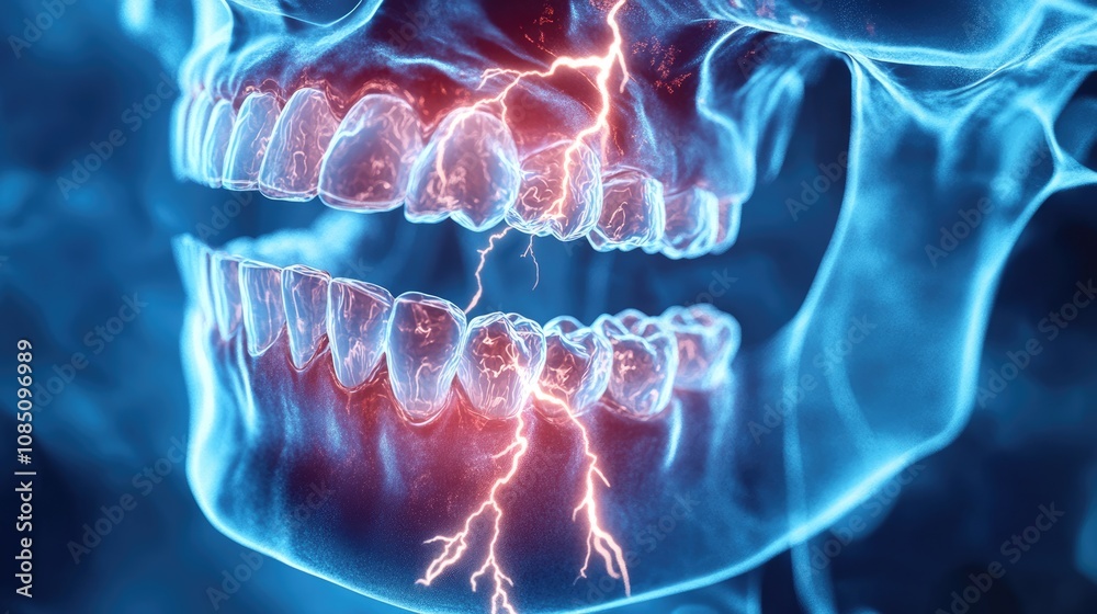 Toothache Pain Visualization: Jaw with Lightning Bolts Toothache Pain Visualization: Jaw with Lightning Bolts
