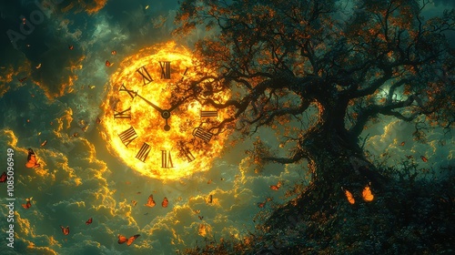 ** Surreal Fantasy Landscape with Glowing Clock Moon and Enchanted Tree Amidst Mystical Butterflies in a Dreamlike Night Sky..** photo