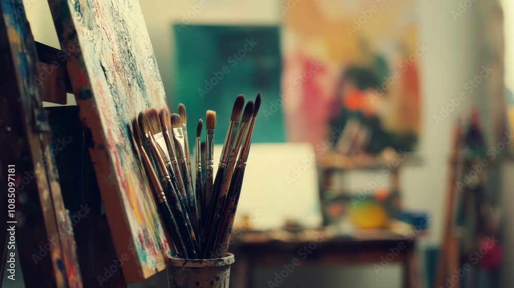 Fototapeta premium A vibrant painting workshop in an urban art studio, Paintbrushes and canvases arranged creatively, Artistic creation style
