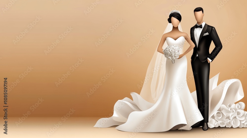 Stylized couple in wedding attire with backdrop. Stylized couple in wedding attire with backdrop.