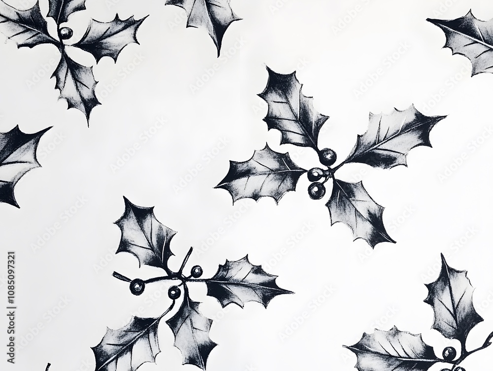 Elegant Black and White Drawing of Holly Leaves and Berries on White Background for Festive Holiday and Seasonal Decor Inspiration Elegant Black and White Drawing of Holly Leaves and Berries on White Background for Festive Holiday and Seasonal Decor Inspiration