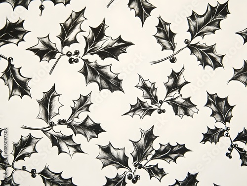 Wallpaper Mural Black and White Sketch Style Holly Leaves and Berries Pattern for Creative Holiday and Seasonal Design Projects Torontodigital.ca