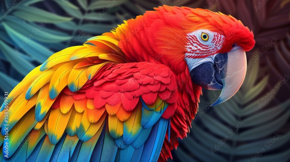 Fototapeta premium Vibrant scarlet macaw parrot profile against dark foliage.